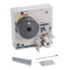 Industrial rotary switch with grey knob and handle attachments, plus screws and label stickers for wiring a control panel