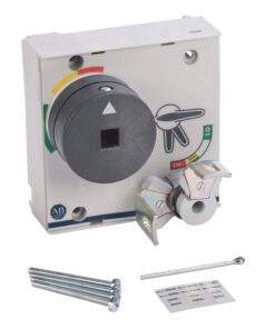 Industrial rotary switch with grey knob and handle attachments, plus screws and label stickers for wiring a control panel