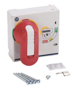 Red safety disconnect switch with white grip, mounted on a white box, plus screws and mounting bracket included
