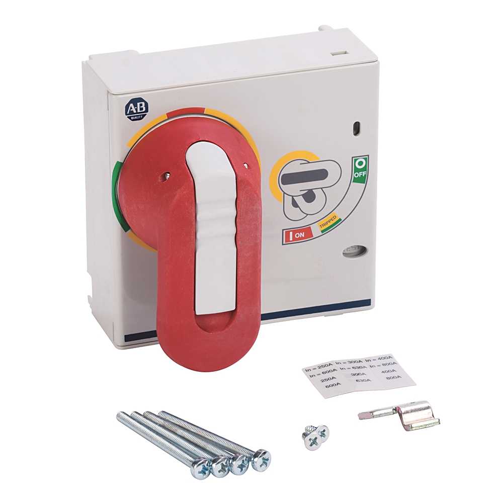 Red safety disconnect switch with white grip, mounted on a white box, plus screws and mounting bracket included