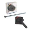 Industrial motor disconnect assembly: white control box with gray rotary switch, long mounting rod, and black hand lever with indicator markings, used to safely cut power.