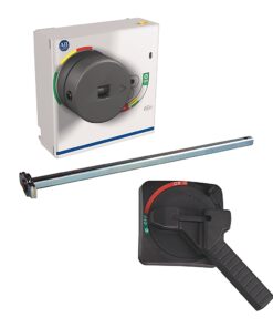 Industrial motor disconnect assembly: white control box with gray rotary switch, long mounting rod, and black hand lever with indicator markings, used to safely cut power.
