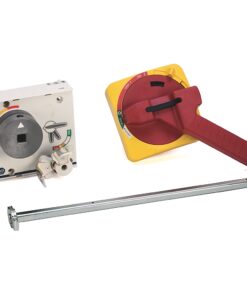 Three electrical safety components: a white control box with a large gray rotary switch and wiring terminals, a yellow safety switch with red operator handle, and a metal mounting rod.