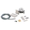 Electrical wiring harness kit with gray multi-pin cable, white connector blocks, labels, screws and a small beige plug