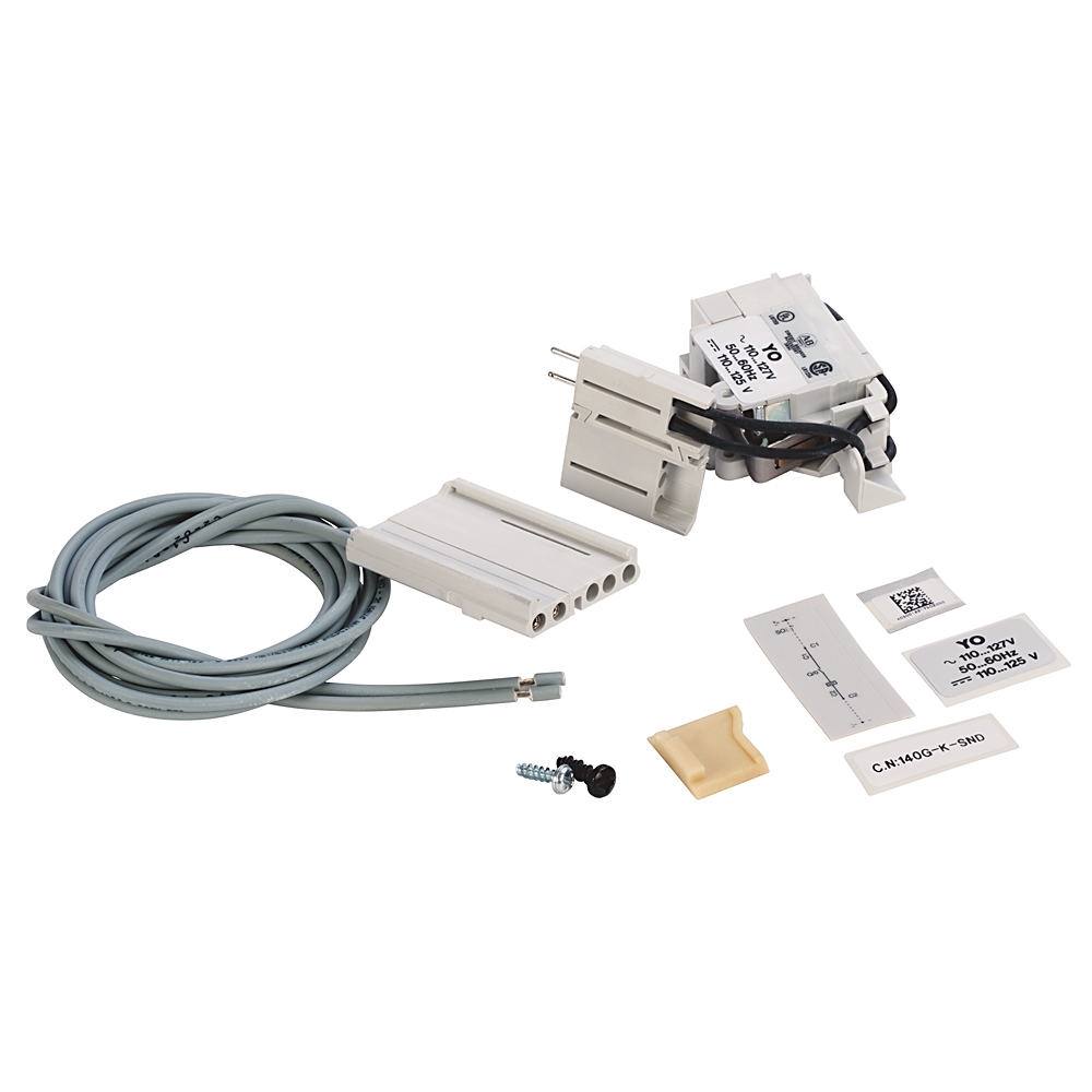 Electrical wiring harness kit with gray multi-pin cable, white connector blocks, labels, screws and a small beige plug