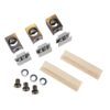 Hardware mounting kit: four metal nut blocks, four gray plastic clips, two beige rails, four screws, and four washers.