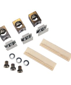Hardware mounting kit: four metal nut blocks, four gray plastic clips, two beige rails, four screws, and four washers.