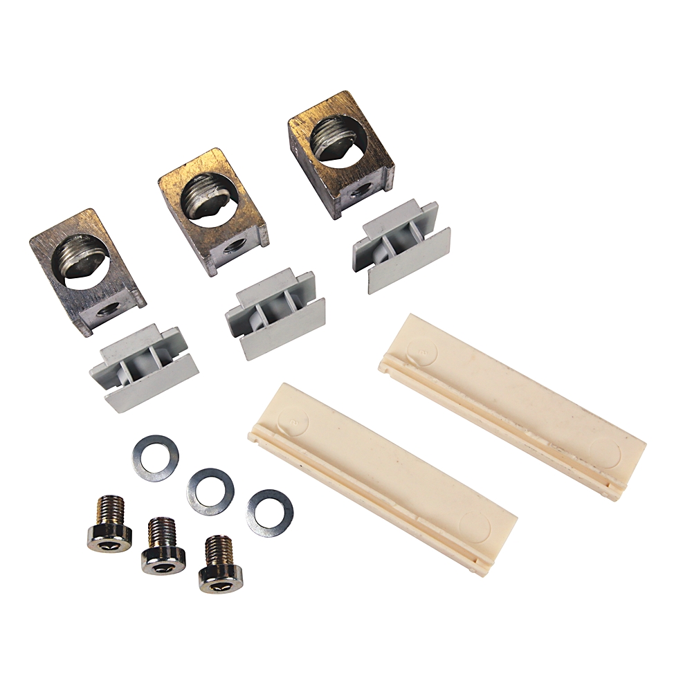 Hardware mounting kit: four metal nut blocks, four gray plastic clips, two beige rails, four screws, and four washers.