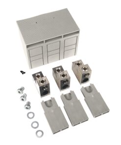 Three gray modular terminal blocks with metal connectors and accompanying mounting pieces laid out for assembly (screws, washers, plastic covers).