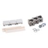 Three metal screw-terminal blocks with screws and accompanying washers, nuts, and plastic mounting clips—an electrical terminal kit.