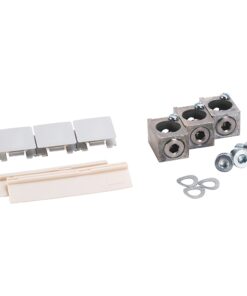 Three metal screw-terminal blocks with screws and accompanying washers, nuts, and plastic mounting clips—an electrical terminal kit.
