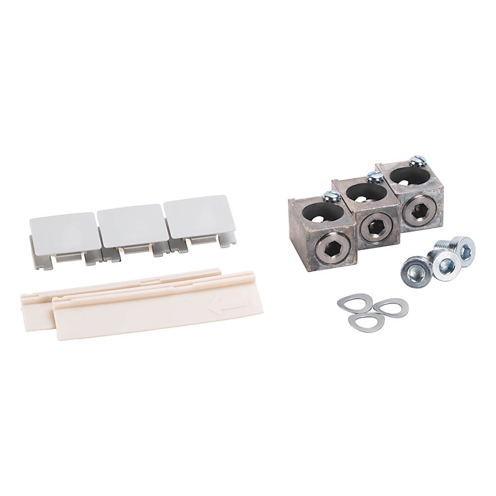 Three metal screw-terminal blocks with screws and accompanying washers, nuts, and plastic mounting clips—an electrical terminal kit.