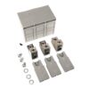 Modular electrical terminal block kit with five metal blocks, plastic housings, screws and washers laid out on a white background
