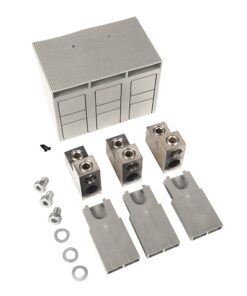 Modular electrical terminal block kit with five metal blocks, plastic housings, screws and washers laid out on a white background