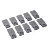 Twelve gray plastic clips with a rounded U-shaped notch, arranged in two neat rows on a white background.