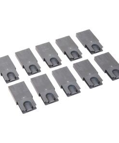 Twelve gray plastic clips with a rounded U-shaped notch, arranged in two neat rows on a white background.