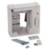 White electrical breaker enclosure with ON/TRIPPED/OFF indicator panel and included mounting screws and bracket, empty interior.