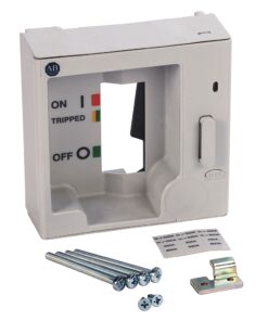 White electrical breaker enclosure with ON/TRIPPED/OFF indicator panel and included mounting screws and bracket, empty interior.