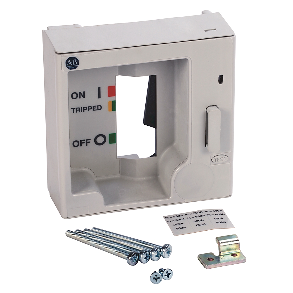 White electrical breaker enclosure with ON/TRIPPED/OFF indicator panel and included mounting screws and bracket, empty interior.