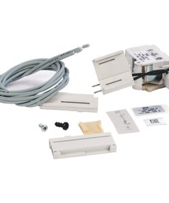 Assorted electrical installation kit with a long gray cable, white modular housings, screws, and small label/instruction cards.