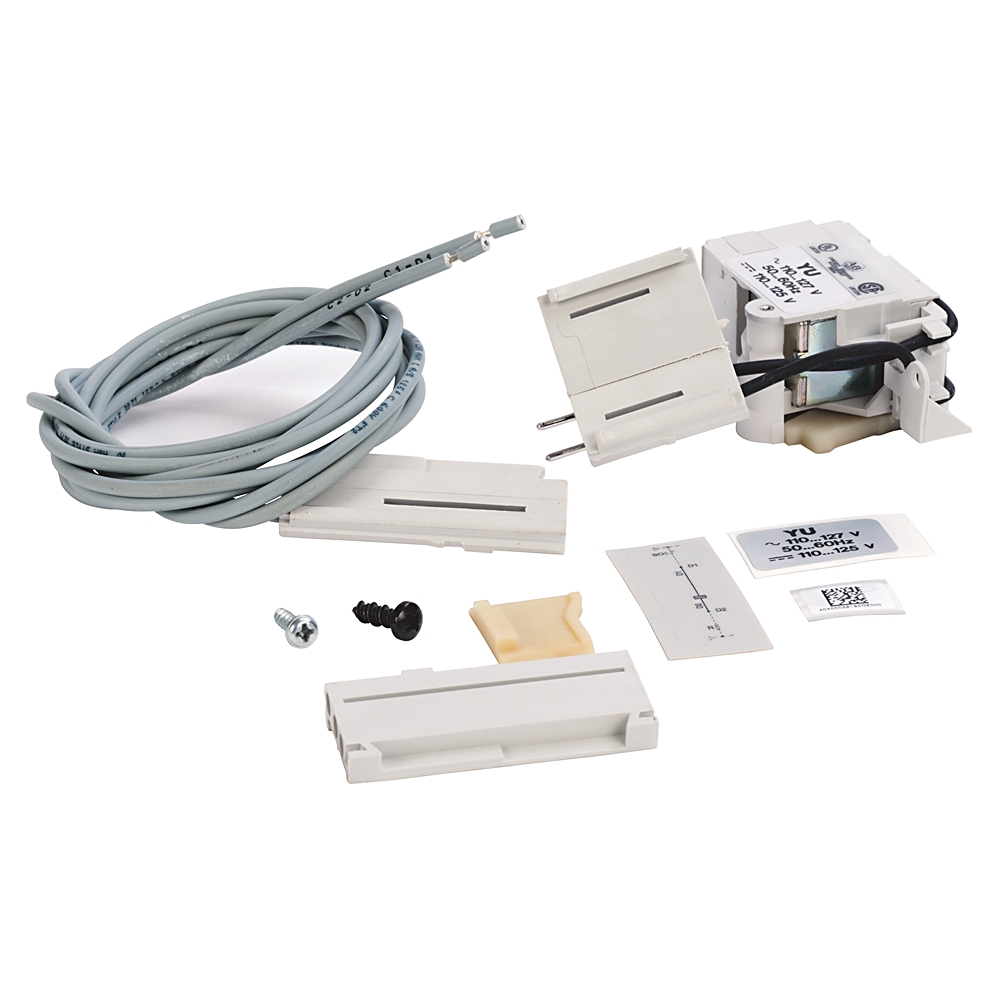 Assorted electrical installation kit with a long gray cable, white modular housings, screws, and small label/instruction cards.