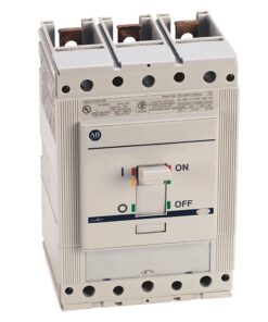 Three-pole industrial circuit breaker with a vertical toggle switch labeled ON/OFF