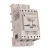 White industrial circuit breaker with toggle switch and label details, mounted in a compact housing.