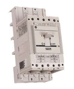 White industrial circuit breaker with toggle switch and label details, mounted in a compact housing.