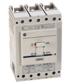 Three-pole circuit breaker with a toggle switch showing ON/OFF markings and an ABB logo, used to protect electrical circuits.