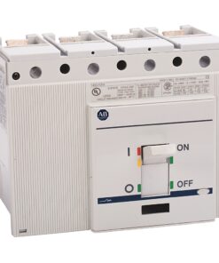 White molded-case circuit breaker with a central toggle labeled ON/OFF and status markers on the panel edge