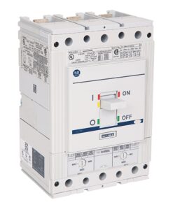 White molded-case circuit breaker with three input terminals and an ON/OFF toggle for industrial electrical panels