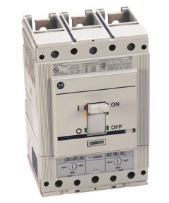 Three-pole circuit breaker with a central toggle switch on a gray enclosure, front labels reading ON and OFF.