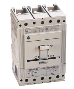 Three-pole AB-brand molded-case circuit breaker with an ON/OFF toggle and front-rating labels