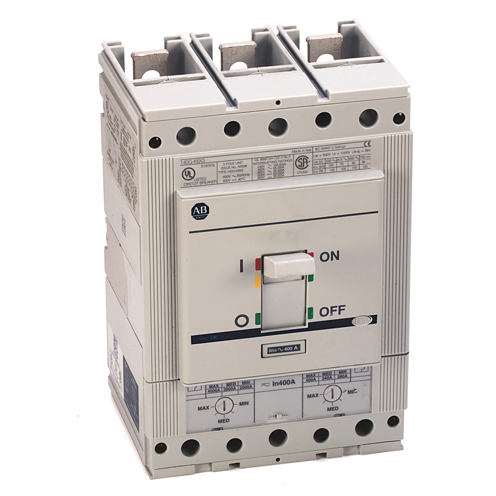 Three-pole AB-brand molded-case circuit breaker with an ON/OFF toggle and front-rating labels