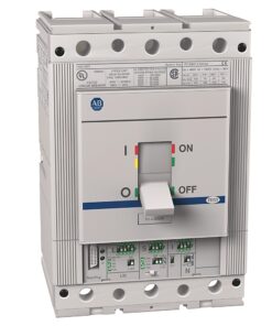Industrial molded-case circuit breaker with a gray toggle switch in the OFF position, front view.