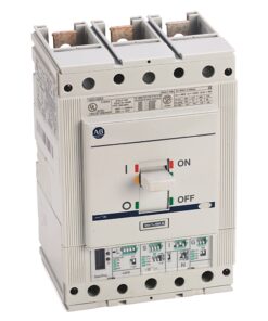 Three-pole molded‑case circuit breaker with an On/Off lever and top terminal connections.