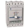 Molded case circuit breaker with a large toggle switch and three colored indicator marks on the panel front, used to protect an electrical circuit.