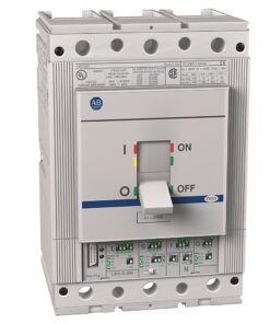 Molded case circuit breaker with a large toggle switch and three colored indicator marks on the panel front, used to protect an electrical circuit.