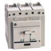 Three-pole miniature circuit breaker with the toggle in the OFF position on a gray housing.