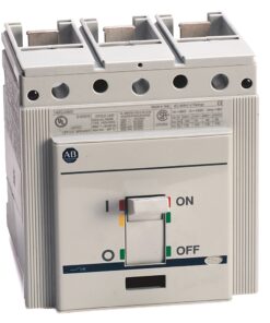 Three-pole miniature circuit breaker with the toggle in the OFF position on a gray housing.