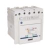 Three-pole white miniature circuit breaker with a central toggle switch in the ON position and terminal holes at the top.