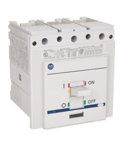 Three-pole white miniature circuit breaker with a central toggle switch in the ON position and terminal holes at the top.