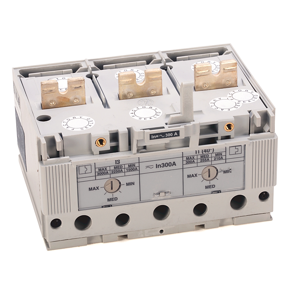 Three-pole industrial contactor with copper power terminals and control dial, labeled In=300 A