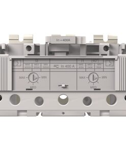 Industrial electrical breaker module with label In=400A and two adjustable dials showing MAX/MIN settings (front view).