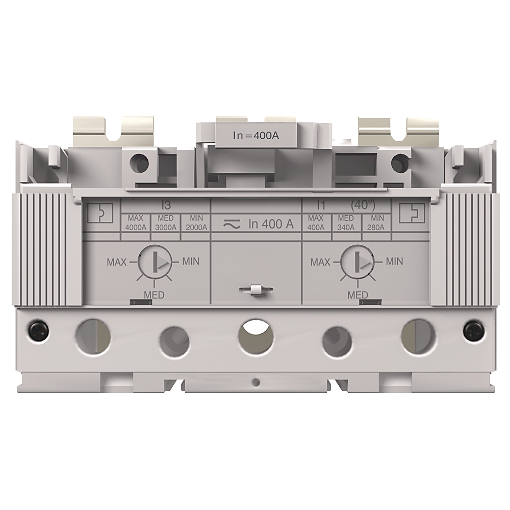 Industrial electrical breaker module with label In=400A and two adjustable dials showing MAX/MIN settings (front view).