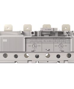 Front view of a gray electrical breaker module with multiple terminals and mounting lugs
