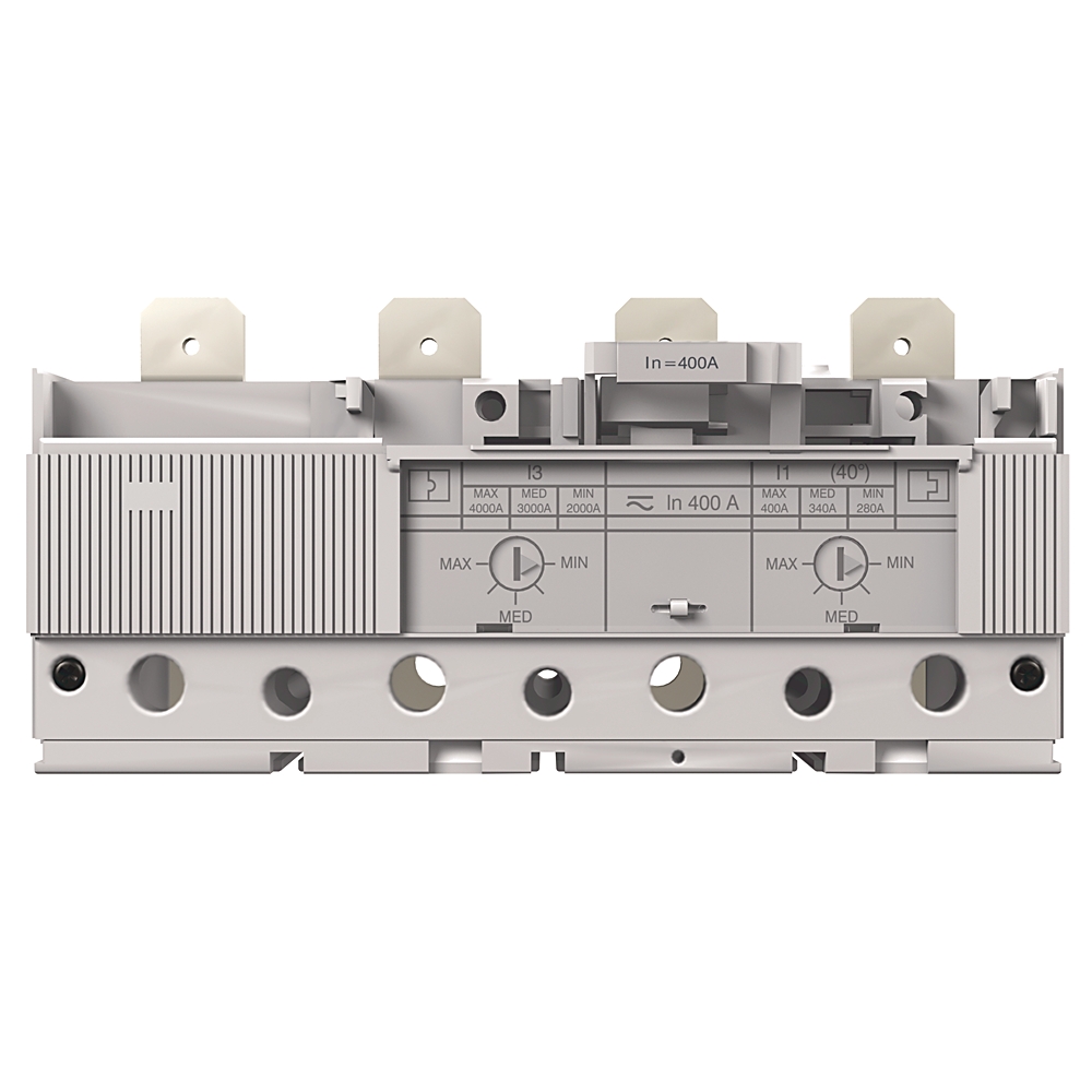 Front view of a gray electrical breaker module with multiple terminals and mounting lugs