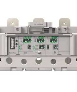 DIN-rail mounted industrial control module with multiple green terminal blocks, a Test/Prog label area, and status LEDs on the front panel