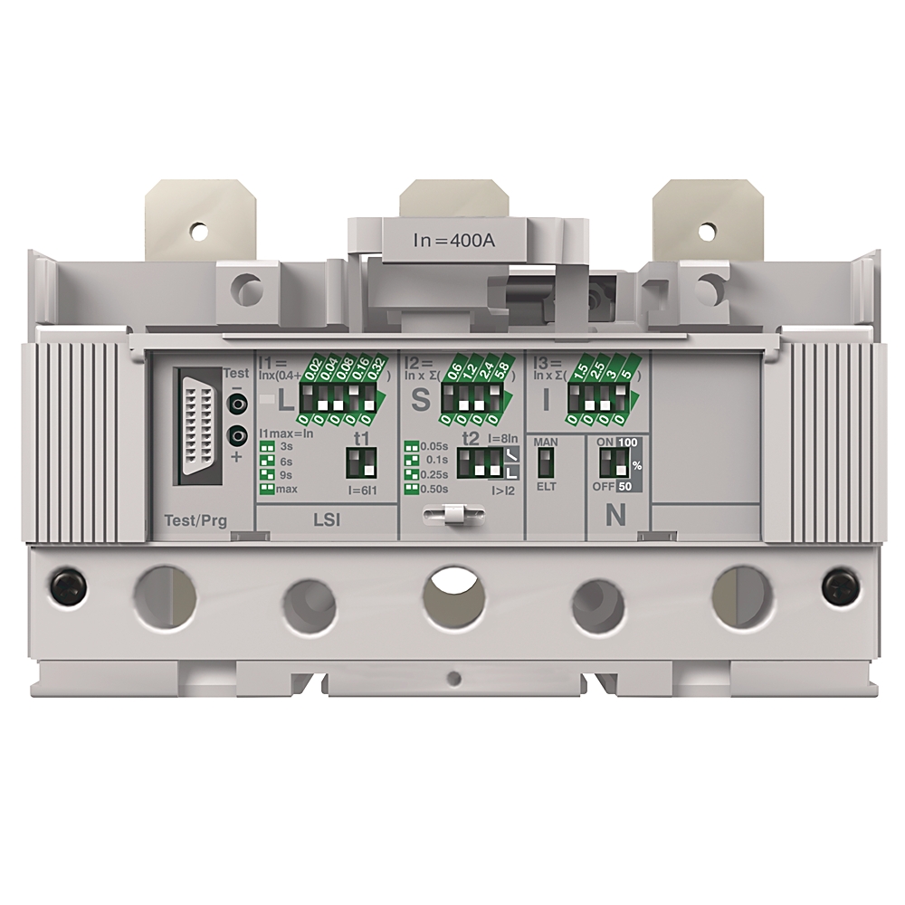 DIN-rail mounted industrial control module with multiple green terminal blocks, a Test/Prog label area, and status LEDs on the front panel
