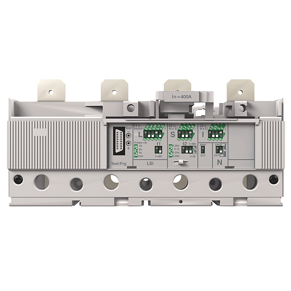 Industrial control module with green terminal blocks and mounting lugs, used in electrical cabinets.